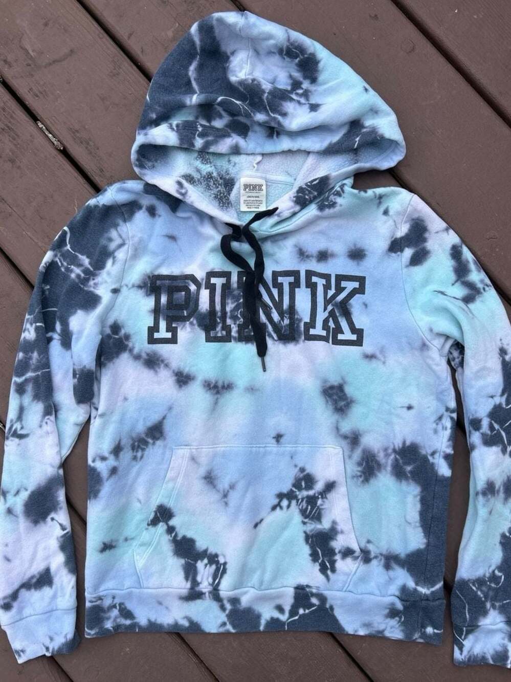 PINK Victoria's Secret Tie-Dye Hooded Sweatshirt in Black and Light Blue